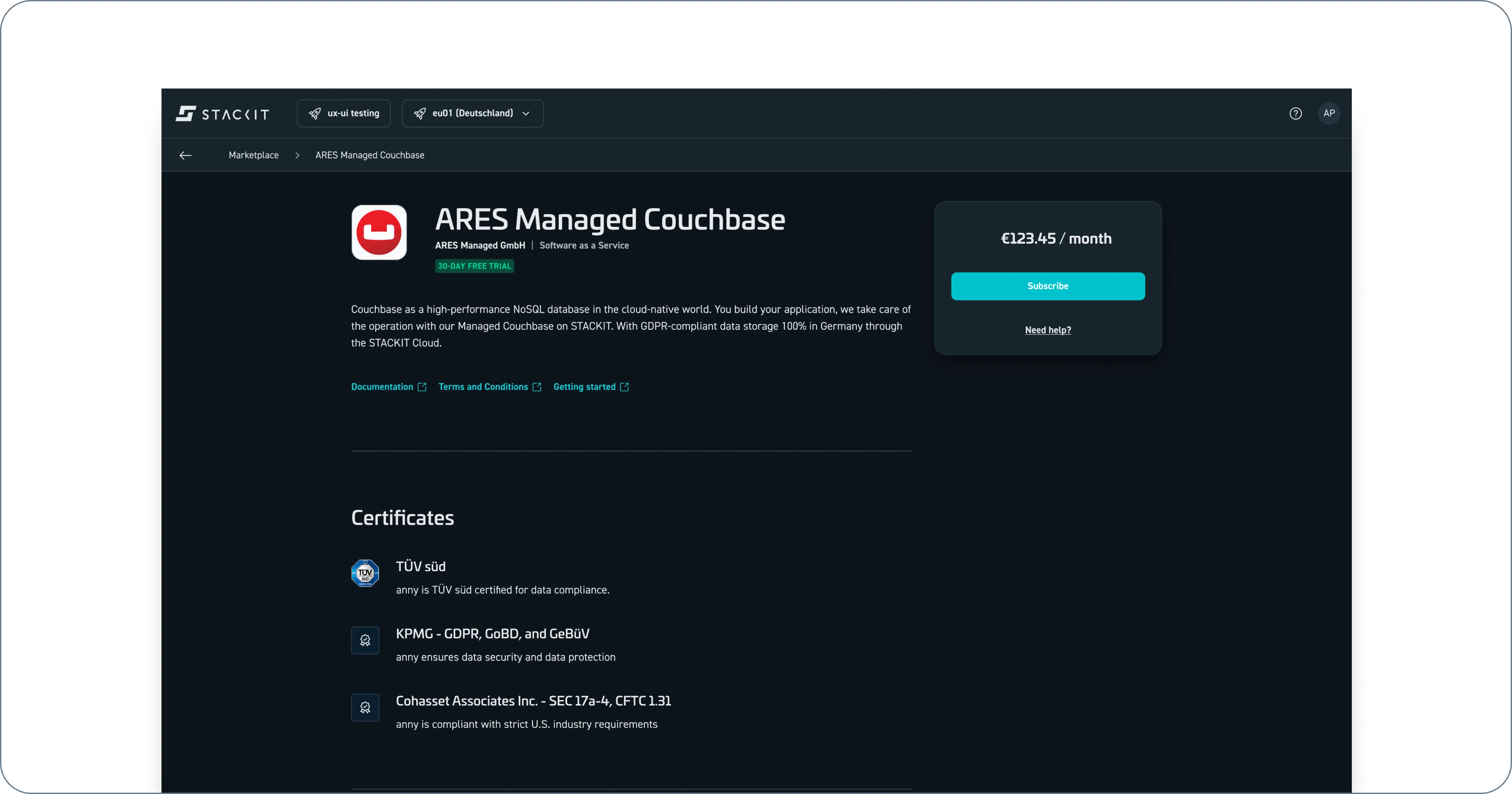 STACKIT Cloud Marketplace user interface displaying a specific product page. The main area highlights the product title. A floating card on the right states a pricing metric per month over a prominent bright blue "Subscribe" button and a "Need help?" link.