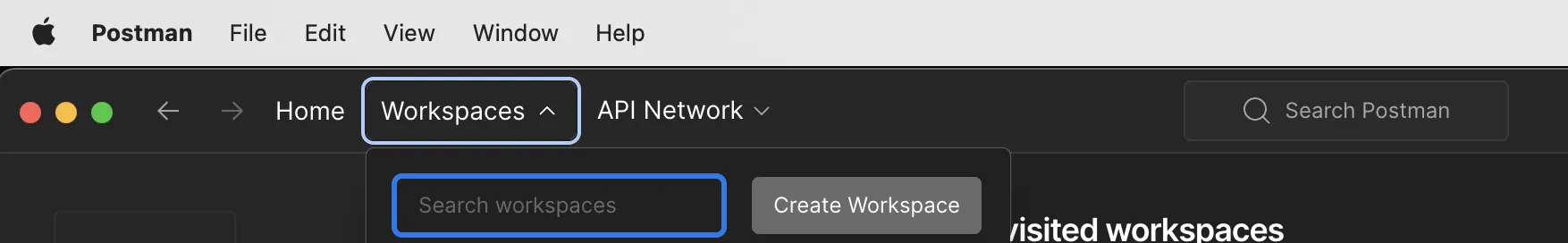 Screenshot of the top navigation bar in Postman on macOS. The "Workspaces" dropdown menu option is selected and outlined with a light blue box. Below it, an open dropdown panel displays a "Search workspaces" input field with a gray button labeled "Create Workspace".