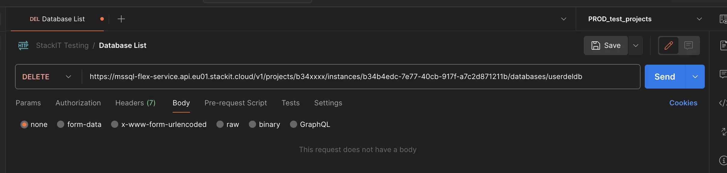 Screenshot of a configuration window in Postman configured for a DELETE request. The HTTP method drop-down is set to "DELETE" and the URL bar contains the endpoint path ending in "/databases/userdeldb". Below the URL bar, the "Body" tab is active, and the "none" radio button is enabled, with a placeholder text stating "This request does not have a body".