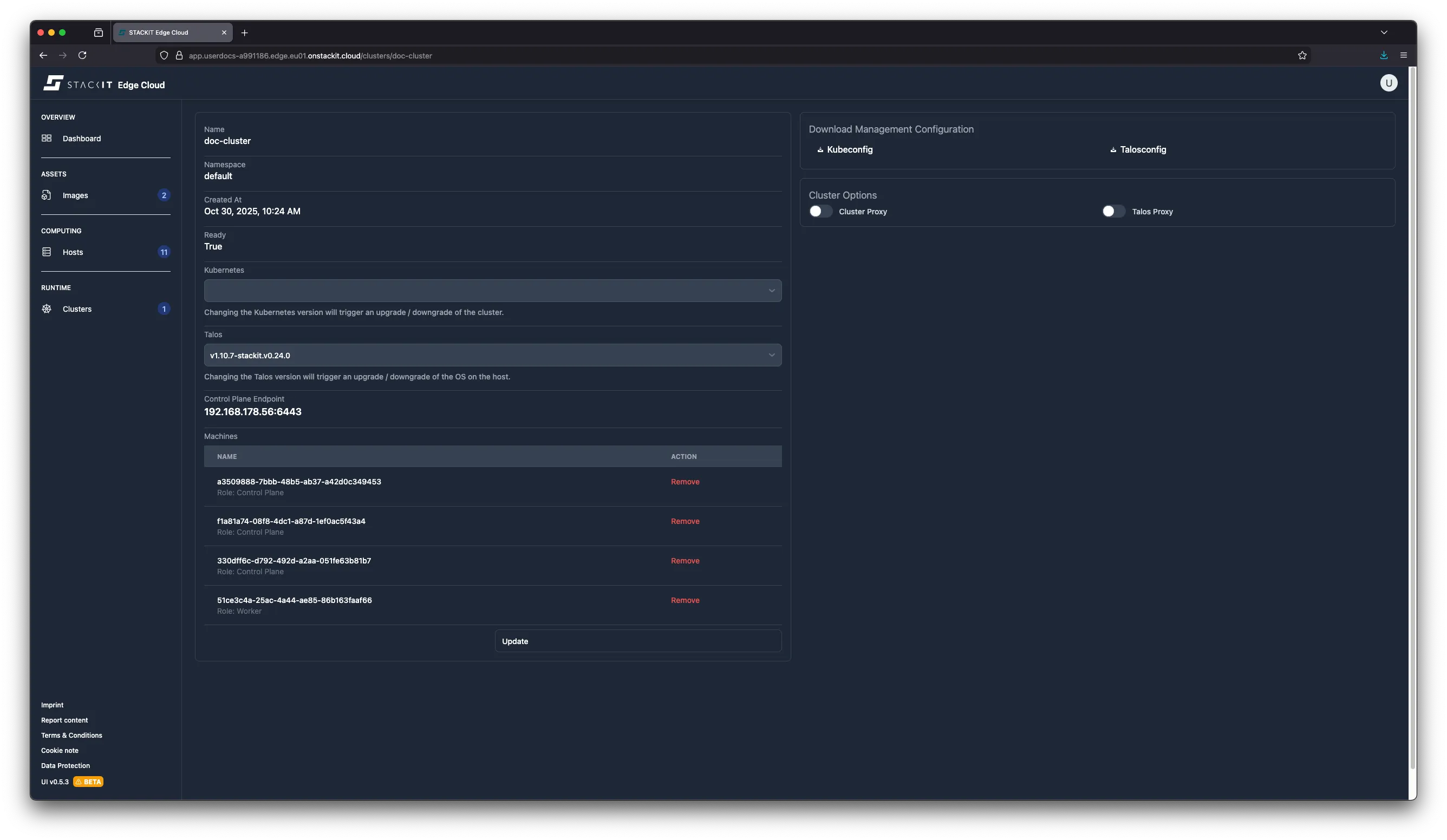 STACKIT Edge Cloud Dashboard: Cluster Details (Multiple Control Planes). A screenshot of the STACKIT Edge Cloud web interface, showing the details page for a cluster named doc-cluster. The cluster is in the Ready state, running Kubernetes v1.33.0 and Talos v1.9.7-stackit.v0.24.0. The Control Plane Endpoint is 192.168.178.56. Under Machines, three Control Plane nodes and one Worker node are listed, indicating a highly available Control Plane setup. The Cluster Proxy and Talos Proxy toggles are both disabled.