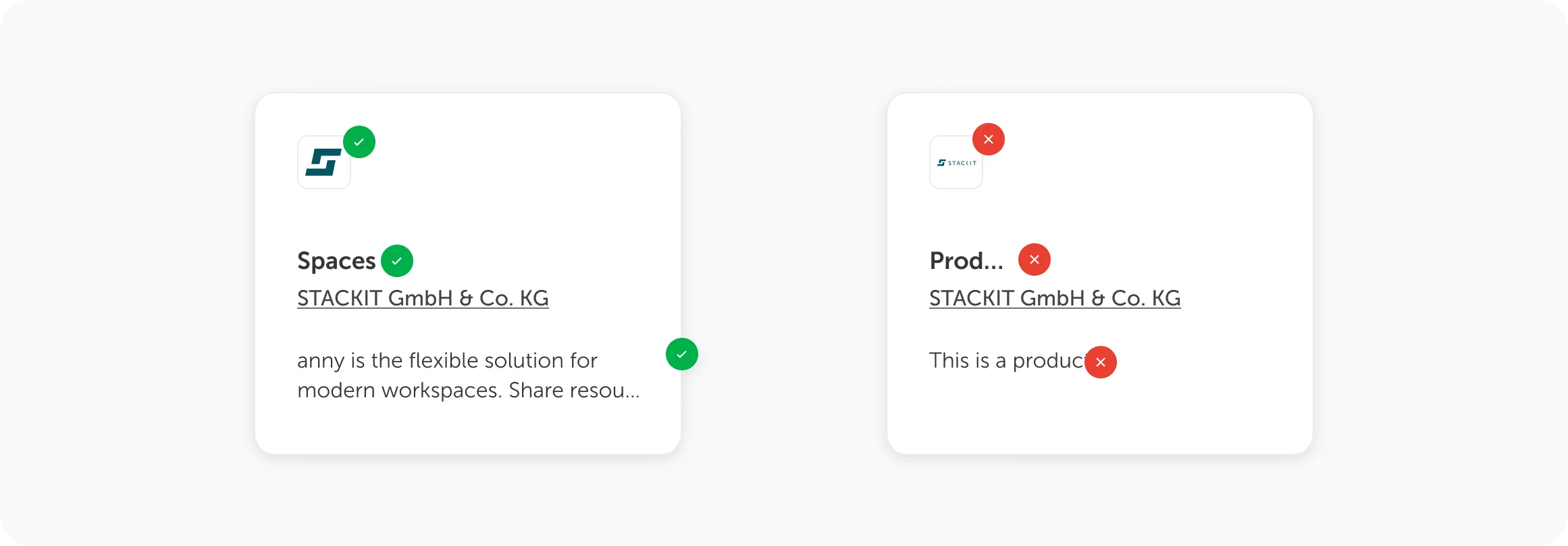 Image showing a good and bad example. The good product tile on the left contains a clearly visible logo and appealing, clear information. The bad product tile on the right contains a hard-to-see logo, and the labels are too generic.